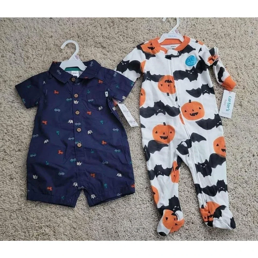 Carters Baby 2 Piece Set Romper‎ Outfit Navy Blue Halloween Pumpkin Bat 9 Month